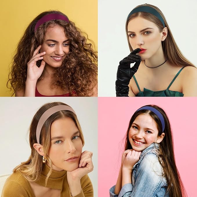 Wecoe 10 Pack Satin Headbands - 1.3 Inch Wide Assorted Colors (White, Blue, Pink, Red, Green, Brown, Khaki, Natural) Non-Slip Fashion Hair Accessories for Women, Girls & DIY Holiday Costumes