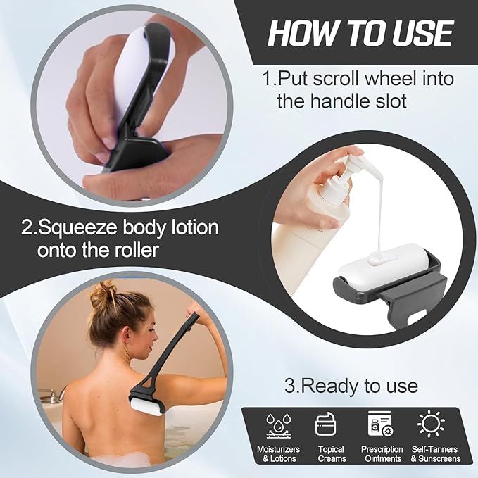 Sunscreen Applicator Set for Woman 18.3” Foldable Application Roller with 2 Reusable Rollers Self Tanner Back Applicator Strip Apply Lotion Cream Ointment Sunless Tanner Beach Essentials (Black)