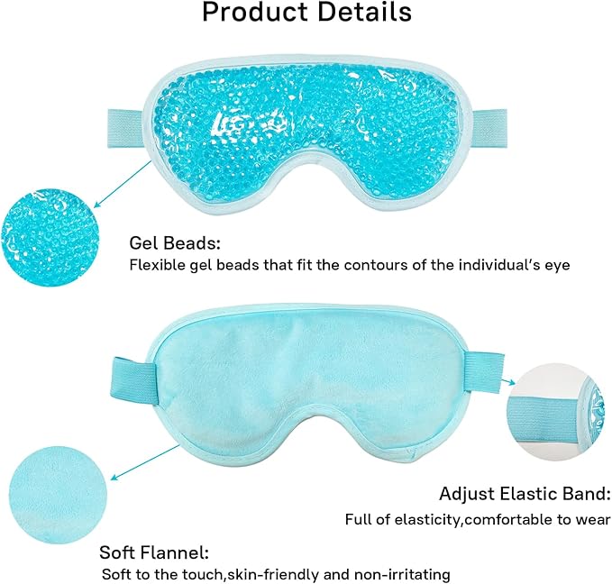 Ruzzut Cooling Gel Eye Mask, 2 PCS Reusable Eye Bead Pad & Cool Compress for Puffy Dry Eye, Cold Eye Ice Mask Gel Pack with Plush Backing for Migraine & Stress Relief, Blue