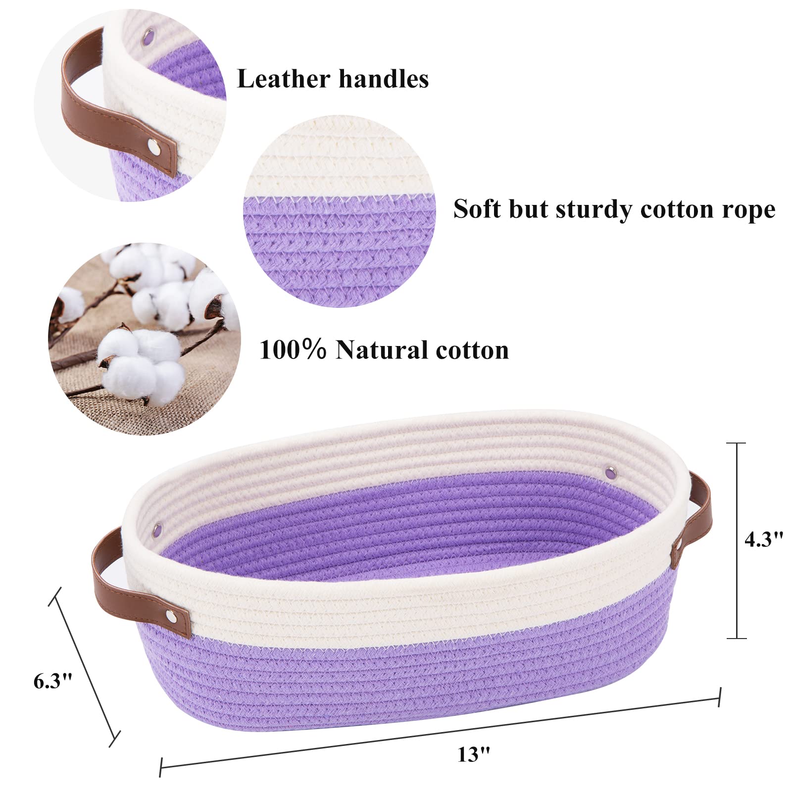 HLWDFLZ Bathroom Countertop Organizer Basket, Cotton Rope Woven Storage Basket Toilet Paper Decorative Basket for Bathroom, Bedroom, Living Room, Entryway 13"x6.3"x4.3" (Off White/Purple)