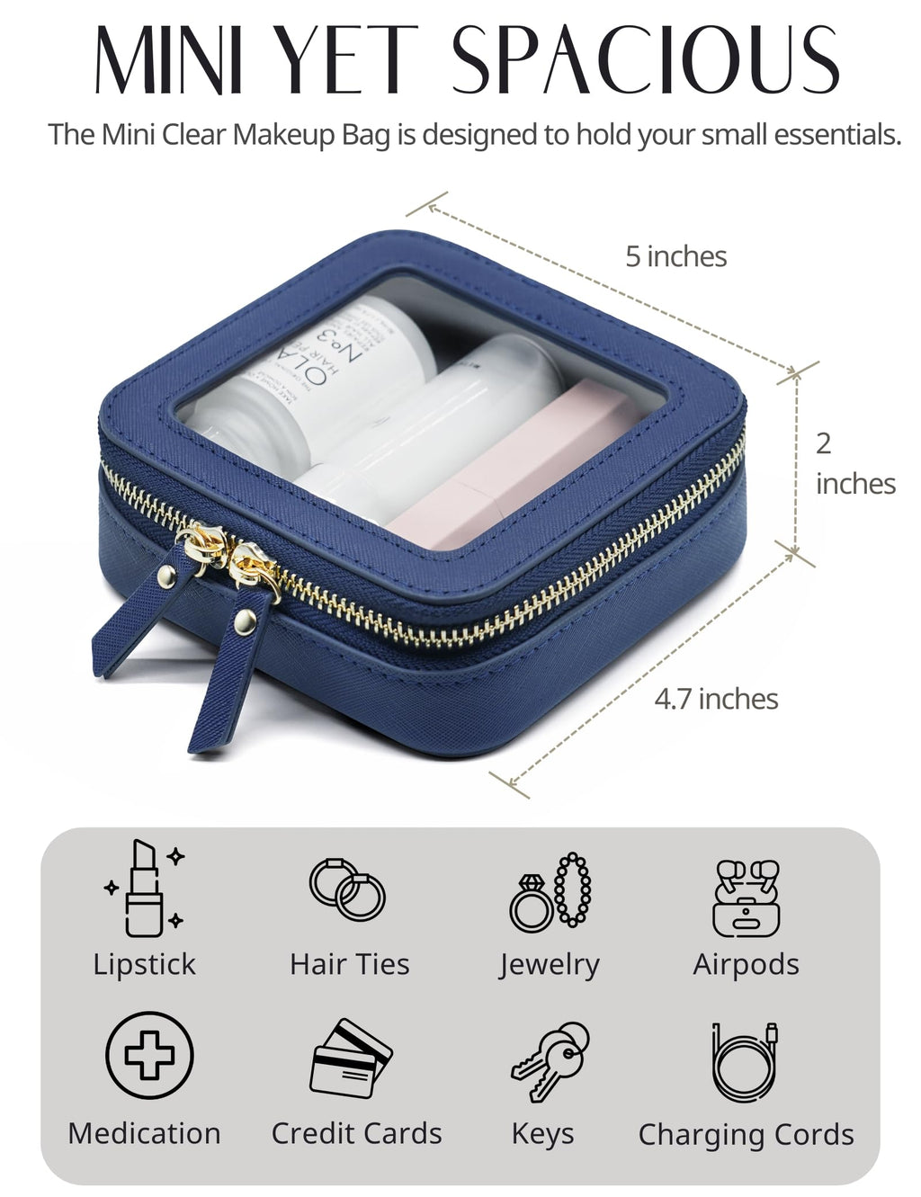 Clear Makeup Bag with Zipper Small Travel Cosmetic Case Navy Blue Mini Pouch for Purse Accessories Car Storgae Essentials Bag Purse Pouch Organizer Compact Small Clear Toiletry Bag for Traveling
