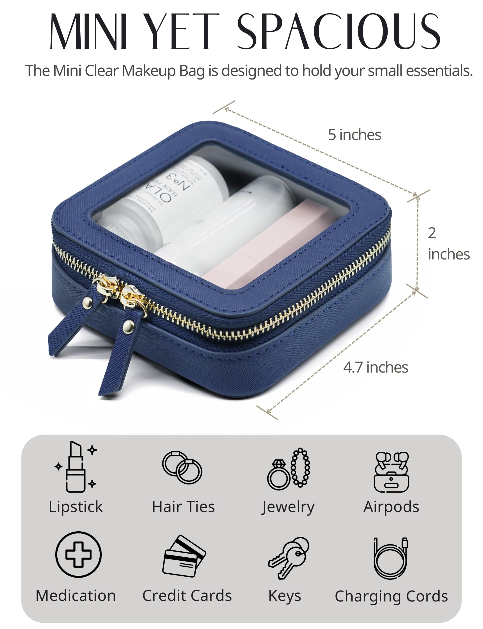 Clear Makeup Bag with Zipper Small Travel Cosmetic Case Navy Blue Mini Pouch for Purse Accessories Car Storgae Essentials Bag Purse Pouch Organizer Compact Small Clear Toiletry Bag for Traveling