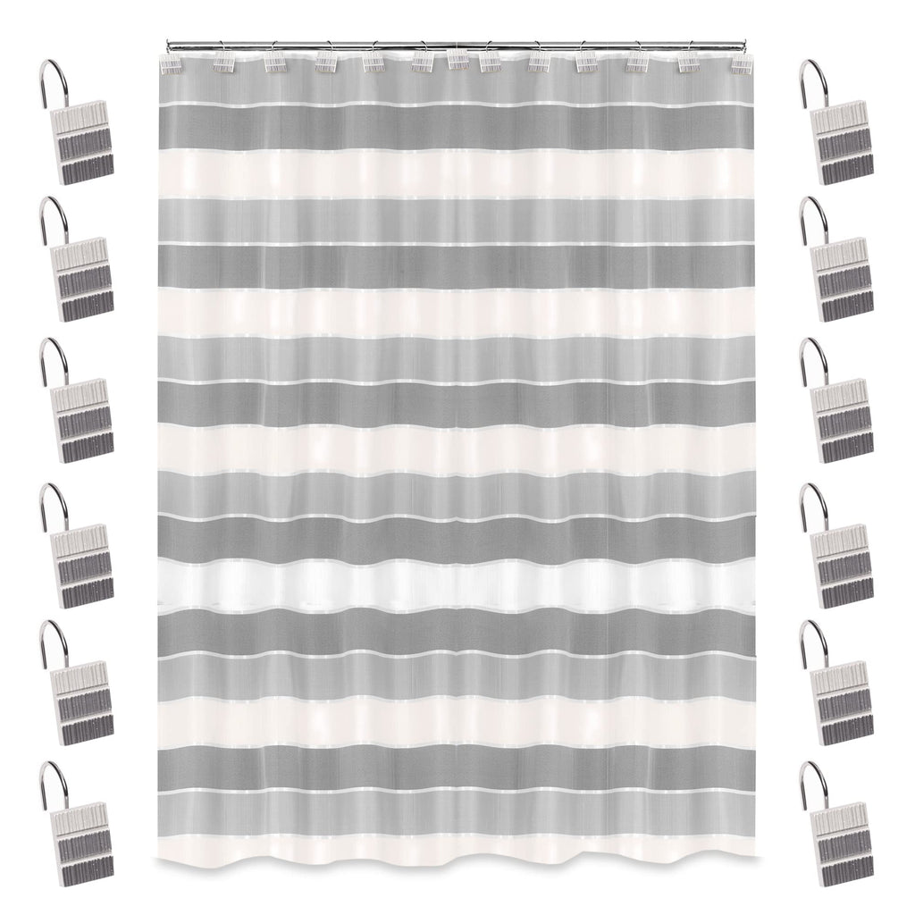 Zahari Home 13pc Modern Line Shower Curtain Set - Gray Luxury Contemporary Shower Curtains with Unique Design & 12 Hooks