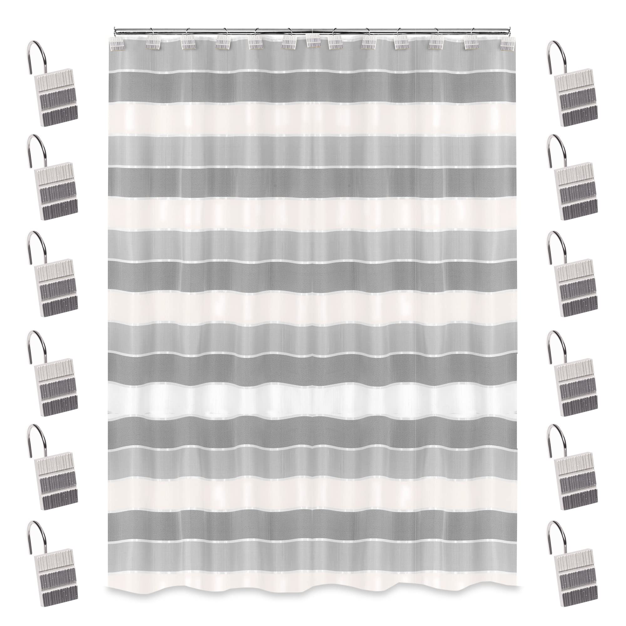 Zahari Home 13pc Modern Line Shower Curtain Set - Gray Luxury Contemporary Shower Curtains with Unique Design & 12 Hooks