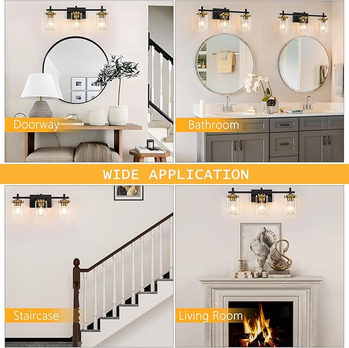 3-Lights Black and Gold Bathroom Light Fixtures Over Mirror, Modern Brushed Gold Vanity Lights for Bathroom, Sconces Wall Lighting with Square Glass Shade for Mirror Bedroom Hallway