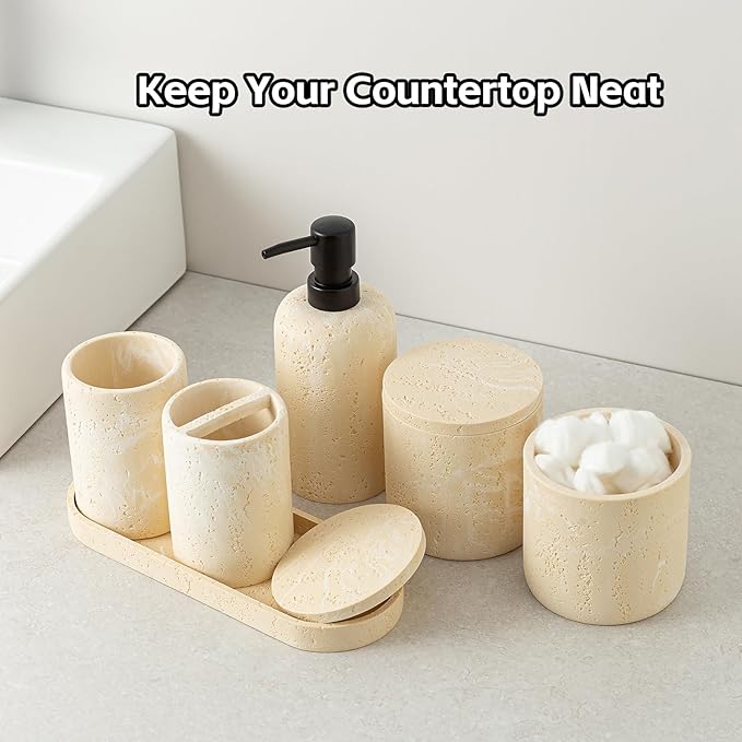 WUUAHOME Bathroom Accessories Set, Travertine Stone-Look, 6 PCS, Yellow