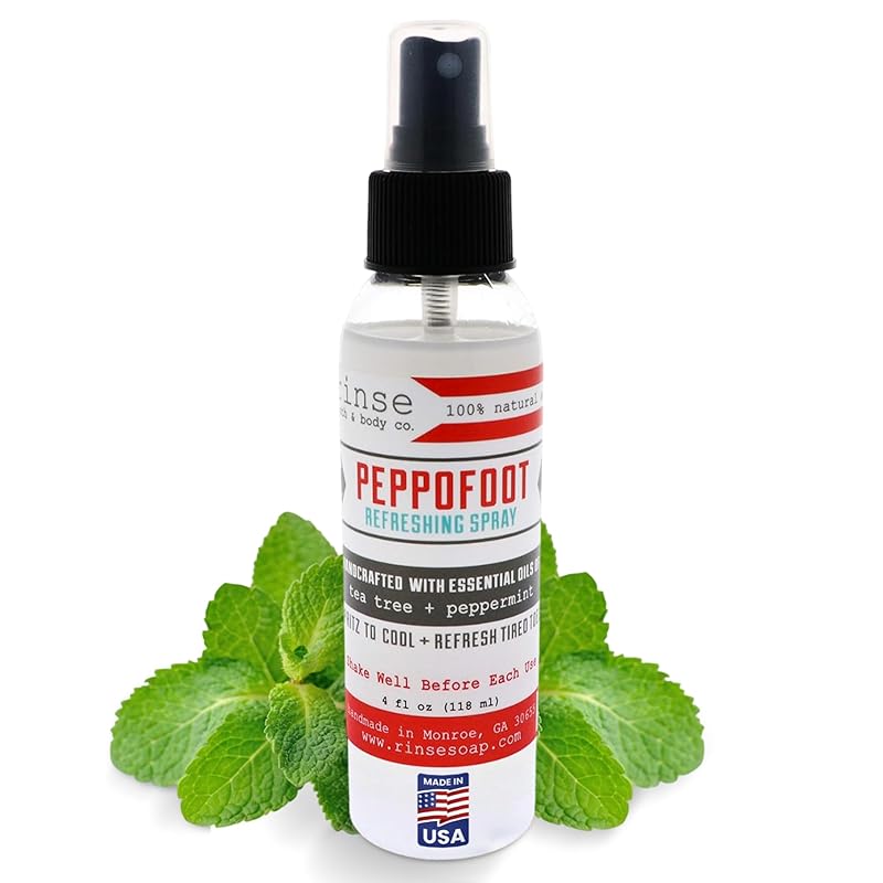 Rinse Bath & Body Peppofoot Natural Cooling Foot Spray for Sore, Tired Feet, Peppermint & Tea Tree Essential Oil Mist, Handmade, 4 fl oz