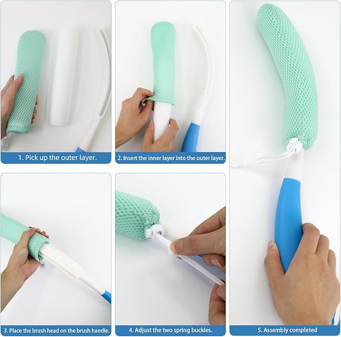 KkaFFe Back Scrubber for Shower，Mesh Sponge Body Shower Brush with Long Handle for Use in Shower Back Scrubber,Back Scrub for Exfoliating Body Scrubber or Shower Brush (Blue and Blue)