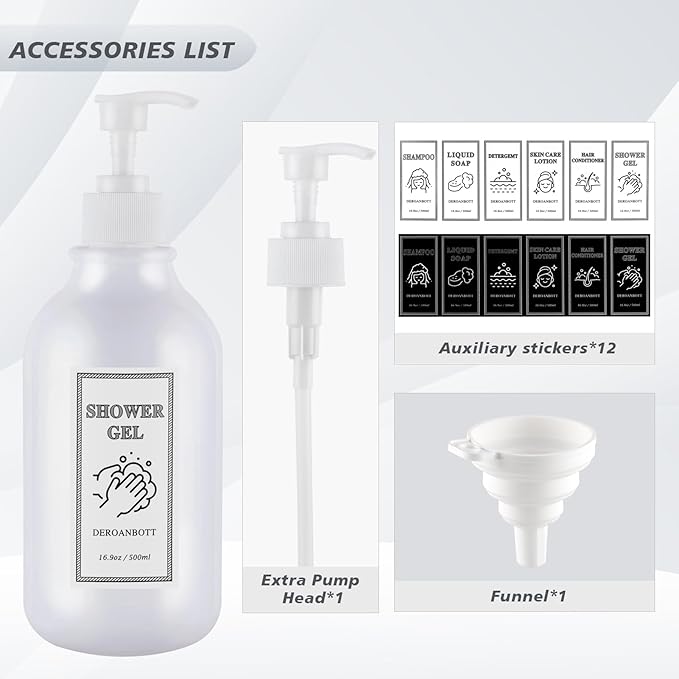 DEROANBOTT Shampoo and Conditioner Dispenser, Refillable Plastic Shampoo Pump Bottles with Waterproof Labels, Empty Body Wash Dispenser Set for Bathroom, Shower Soap Bottles (White)