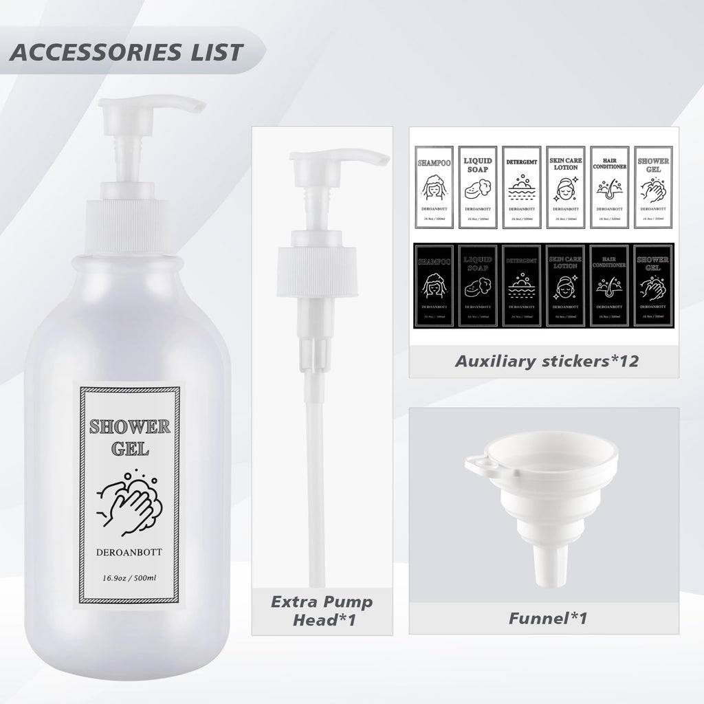 DEROANBOTT Shampoo and Conditioner Dispenser, Refillable Plastic Shampoo Pump Bottles with Waterproof Labels, Empty Body Wash Dispenser Set for Bathroom, Shower Soap Bottles (White)