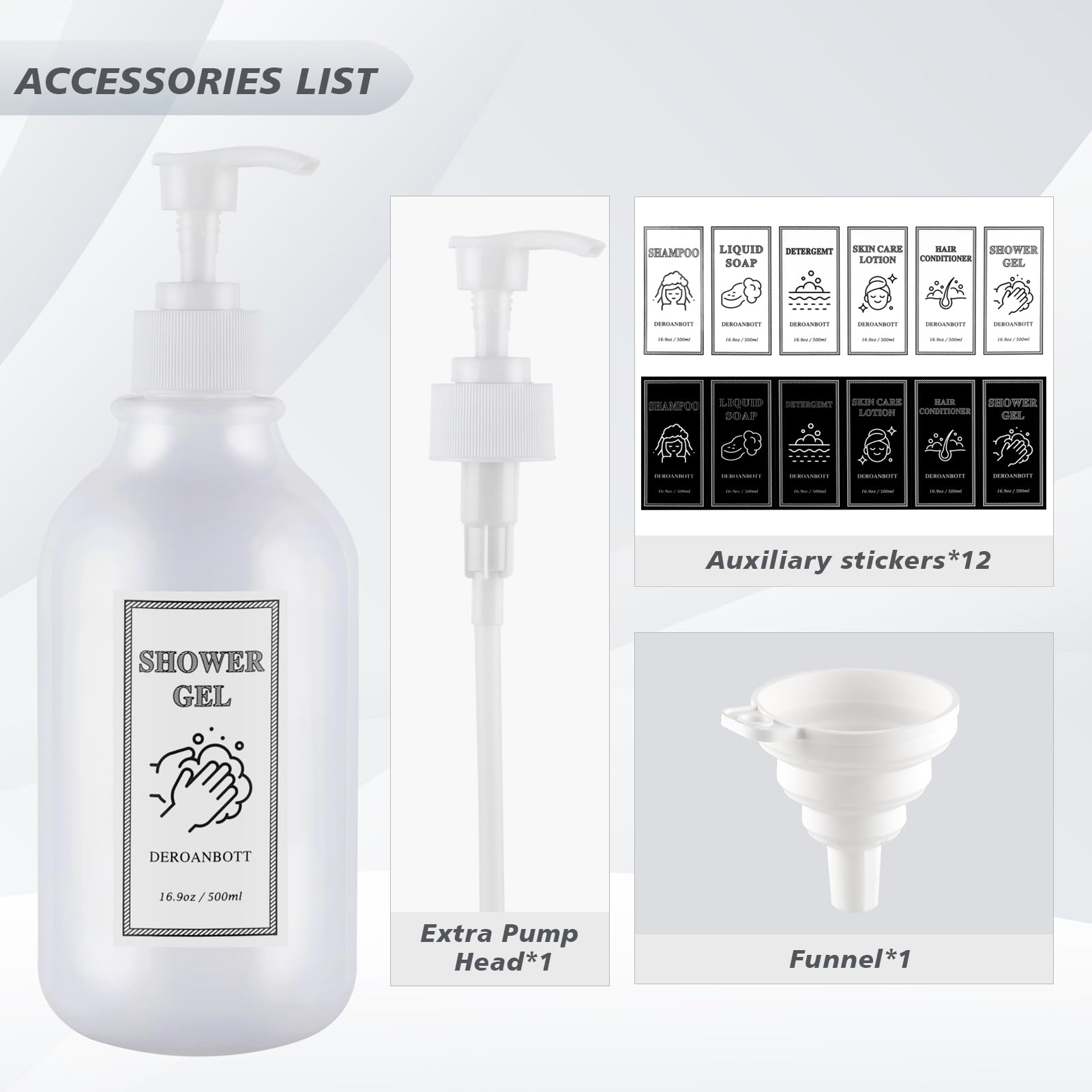 DEROANBOTT Shampoo and Conditioner Dispenser, Refillable Plastic Shampoo Pump Bottles with Waterproof Labels, Empty Body Wash Dispenser Set for Bathroom, Shower Soap Bottles (White)