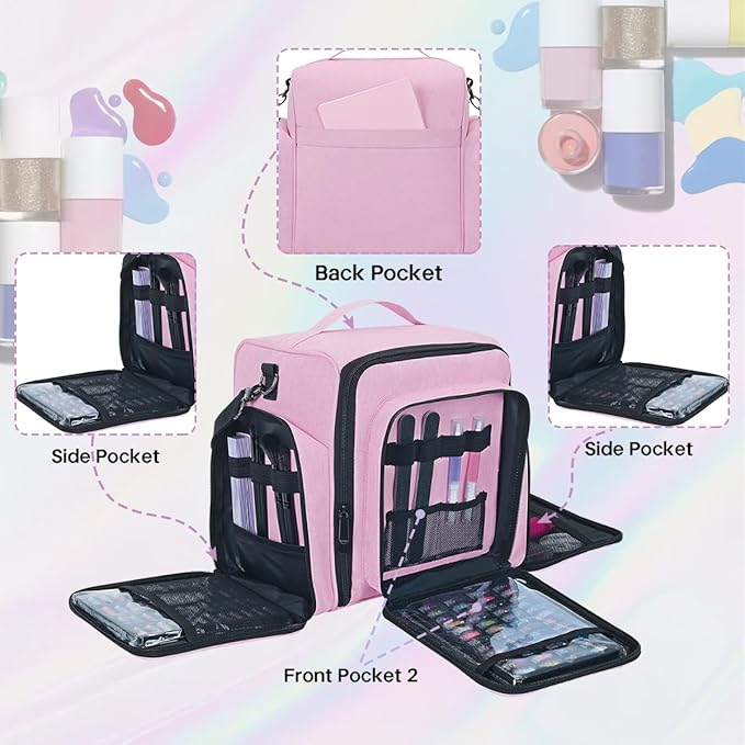 YAHOURWAT Nail Polish Organizer Holds 60 Bottles and a Nail Lamp,Portable Travel Case with 2 Removable Bags and Tools Storage Pockets Pink