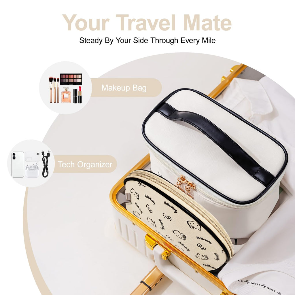 Vimanllie Travel Makeup Bag Large Cosmetic Bags with Brush Holder,Beige 2PCS Portable Cosmetic Case for Women,Portable Toiletry Bag for Girls