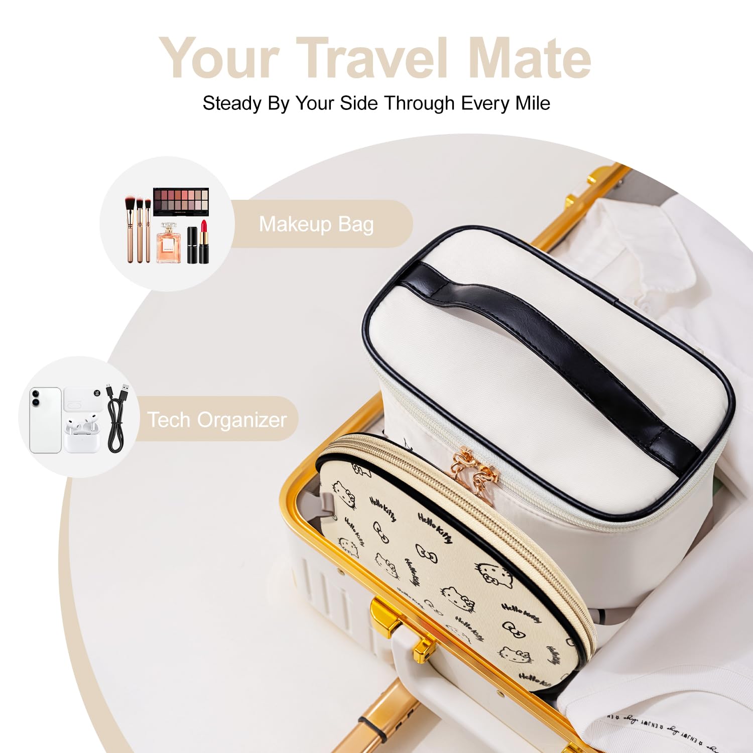 Vimanllie Travel Makeup Bag Large Cosmetic Bags with Brush Holder,Beige 2PCS Portable Cosmetic Case for Women,Portable Toiletry Bag for Girls