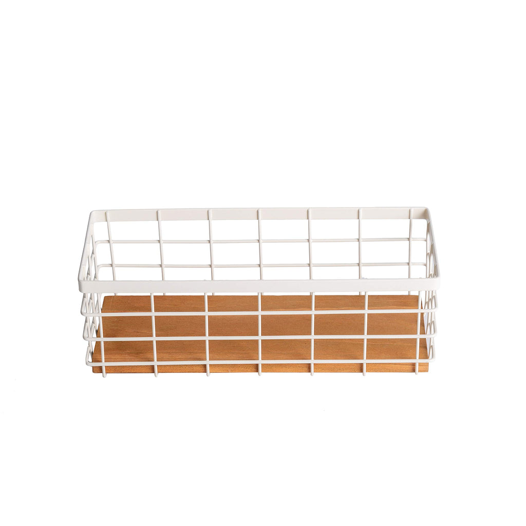 TIEYIPIN Small Metal Wire Storage Basket, Detachable Wood Base Storage Organizer Bin Basket for Kitchen Cabinets, Bathroom, Pantry, Garage, Laundry Room (Cream White, 2 Pack)