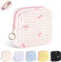 Playexen Period Bag for Teen Girls, Quilted Sanitary Napkin Storage Bag, Cute Bow Tie Menstrual Pad Pouch Tampon Holder (Plaid Pink)