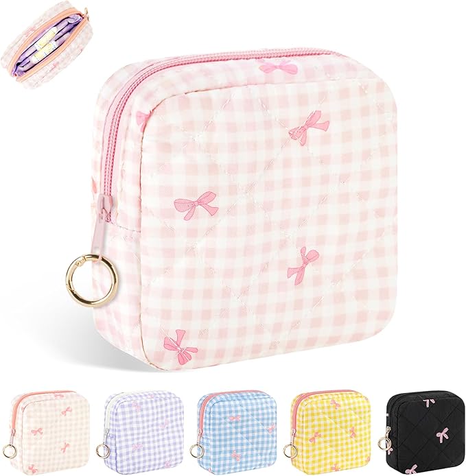 Playexen Period Bag for Teen Girls, Quilted Sanitary Napkin Storage Bag, Cute Bow Tie Menstrual Pad Pouch Tampon Holder (Plaid Pink)