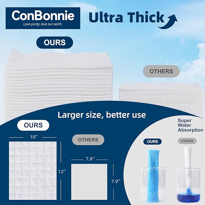 Conbonnie Clean Face Towels XL, Thickened Design, 10"×12" Biobased Facial Towels, Disposable Face Towelette, Makeup Remover Dry Wipes for Skin Care, Clean Skin, 50 Count (1 Pack)
