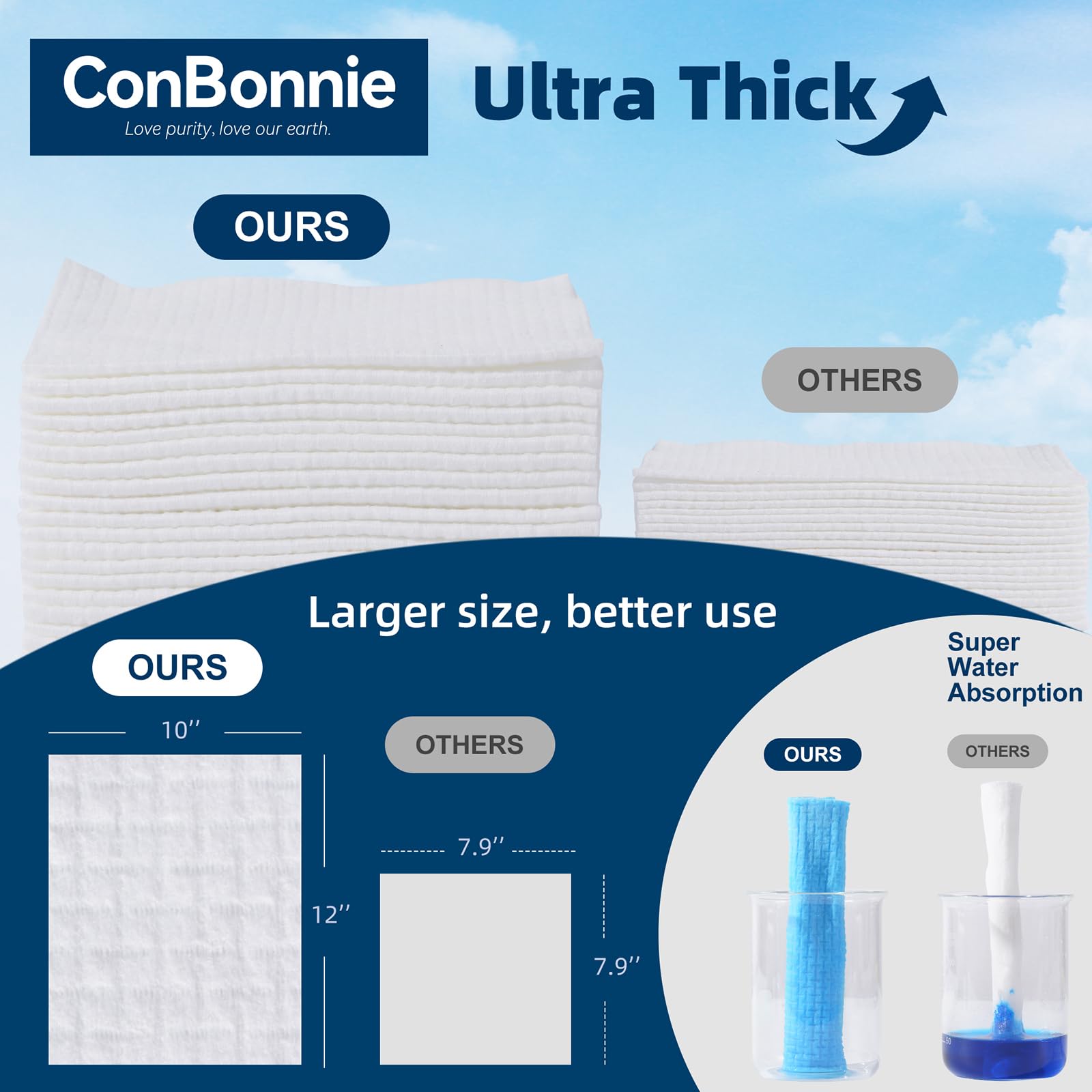 Conbonnie Clean Face Towels XL, 10"×12" Biobased Facial Towels, Disposable Face Towelette, Makeup Remover Dry Wipes, Extra Thick and Soft for Skin Care, Clean Skin, 50 Count (1 Pack)