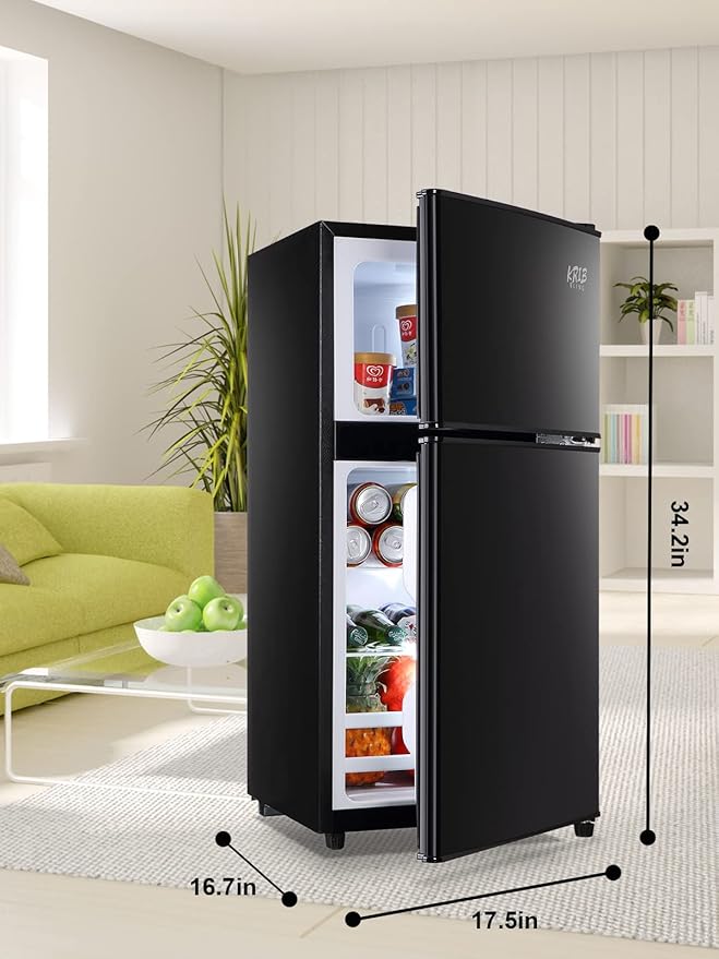 KRIB BLING Refrigerator 3.5 Cu.Ft with Freezer,Vintage Double Door,Lock Fresh,7 Level Adjustable Thermostat ct for Dorm, Bar, Office,Kitchen, Apartment，Black
