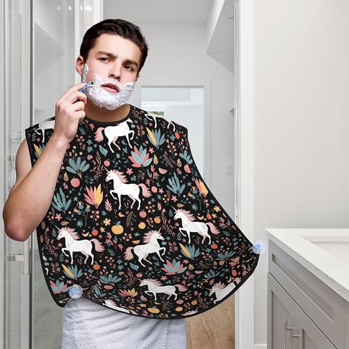 Professional Beard Bib, Non-Stick Hair Catcher Apron Waterproof, Shaving Grooming Essential for Men Dad, Halloween Unicorns Horse Flowers Black Shave Bib