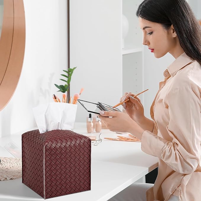 Tissue Box Cover PU Leather Tissue Holder Square Facial Tissue Case Facial Paper Organizer Dispenser for Bathroom, Vanity Countertop, Car, Dark red