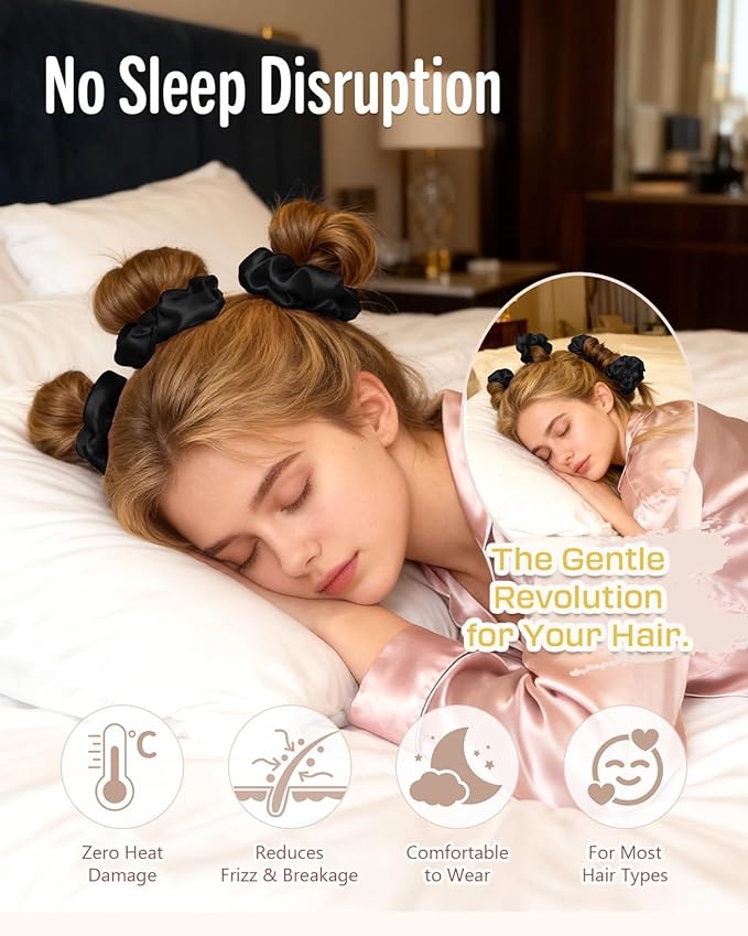 BONNET QUEEN 3 Pack Small Satin Heatless Hair Curler for Medium to Long Thick Hair, Heatless Curls Overnight, Hair Curlers to Sleep In, Damage-Free Small Curls with Built-in Scrunchie, Black