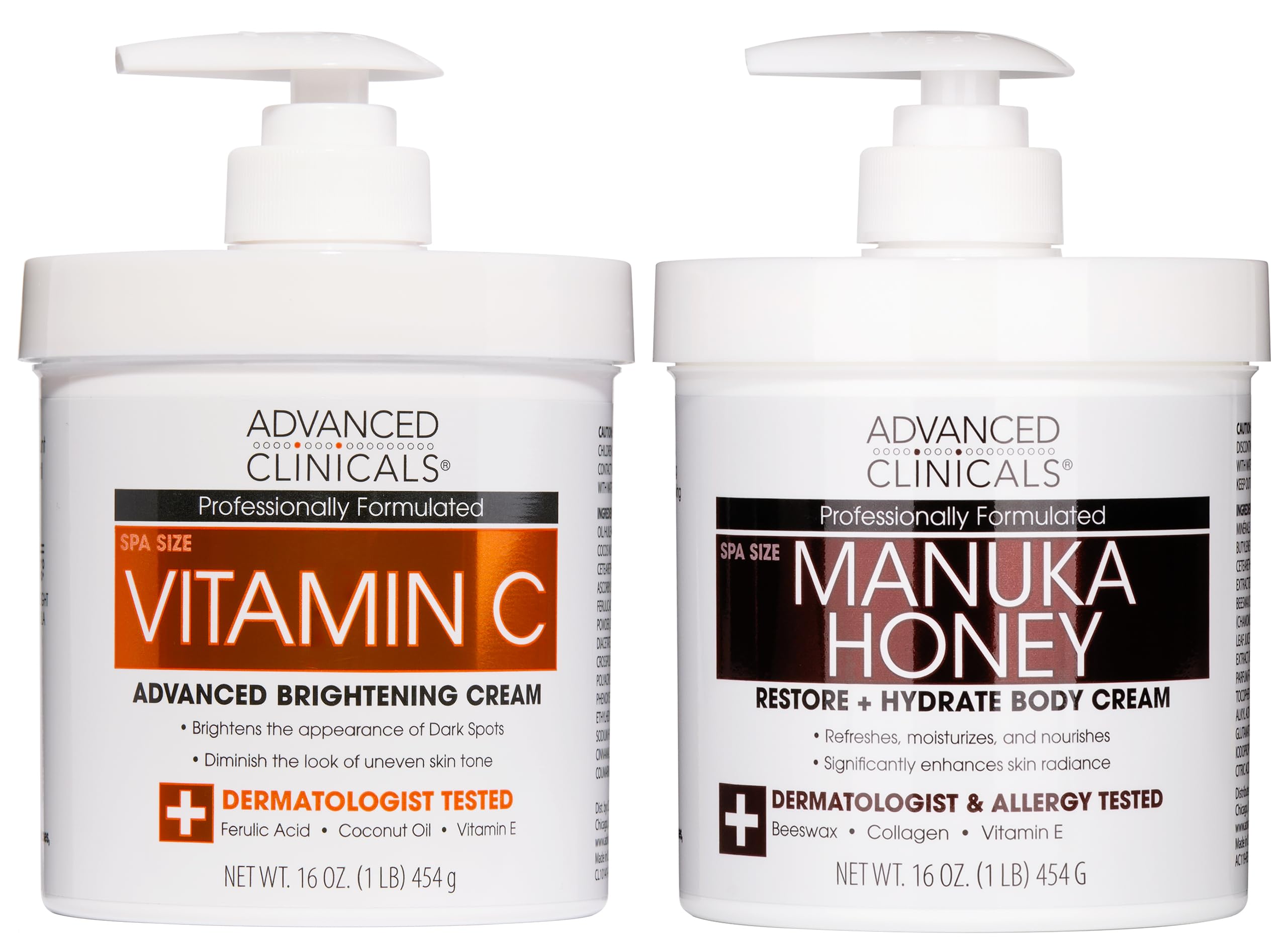 Advanced Clinicals Vitamin C Brightening Cream + Manuka Honey Body Lotion & Face Moisturizer 2pc Skincare Set For Women & Men | Body Butter Creams Help Reduce Appearance Of Dark Spots & Dry Skin, 2pc