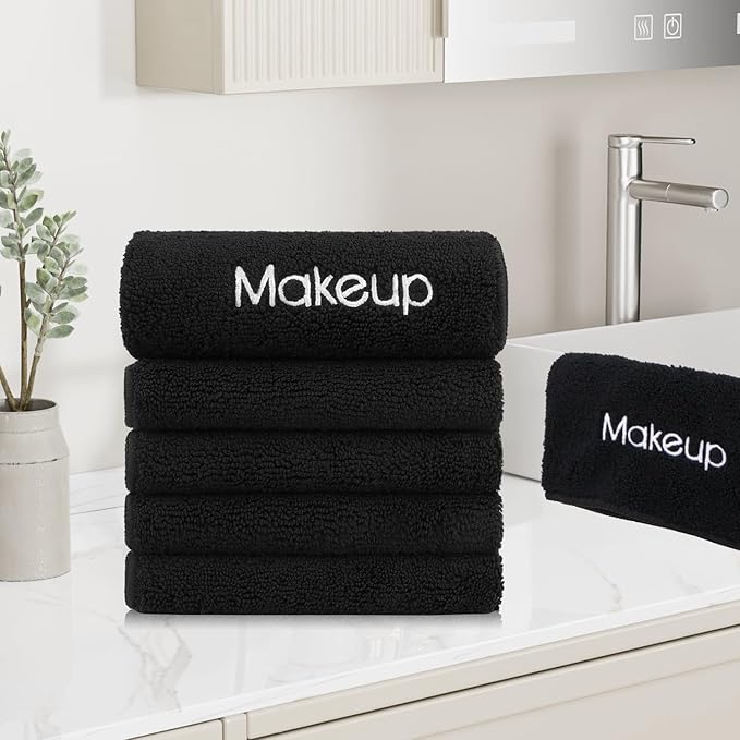GLIMGLINT Makeup Remover Wash Cloths 5 Pack – Soft Black Makeup Towels, Facial Cleansing Washcloths for Face, Hand and Make Up, Microfiber Face Towels, 13 x 13 in