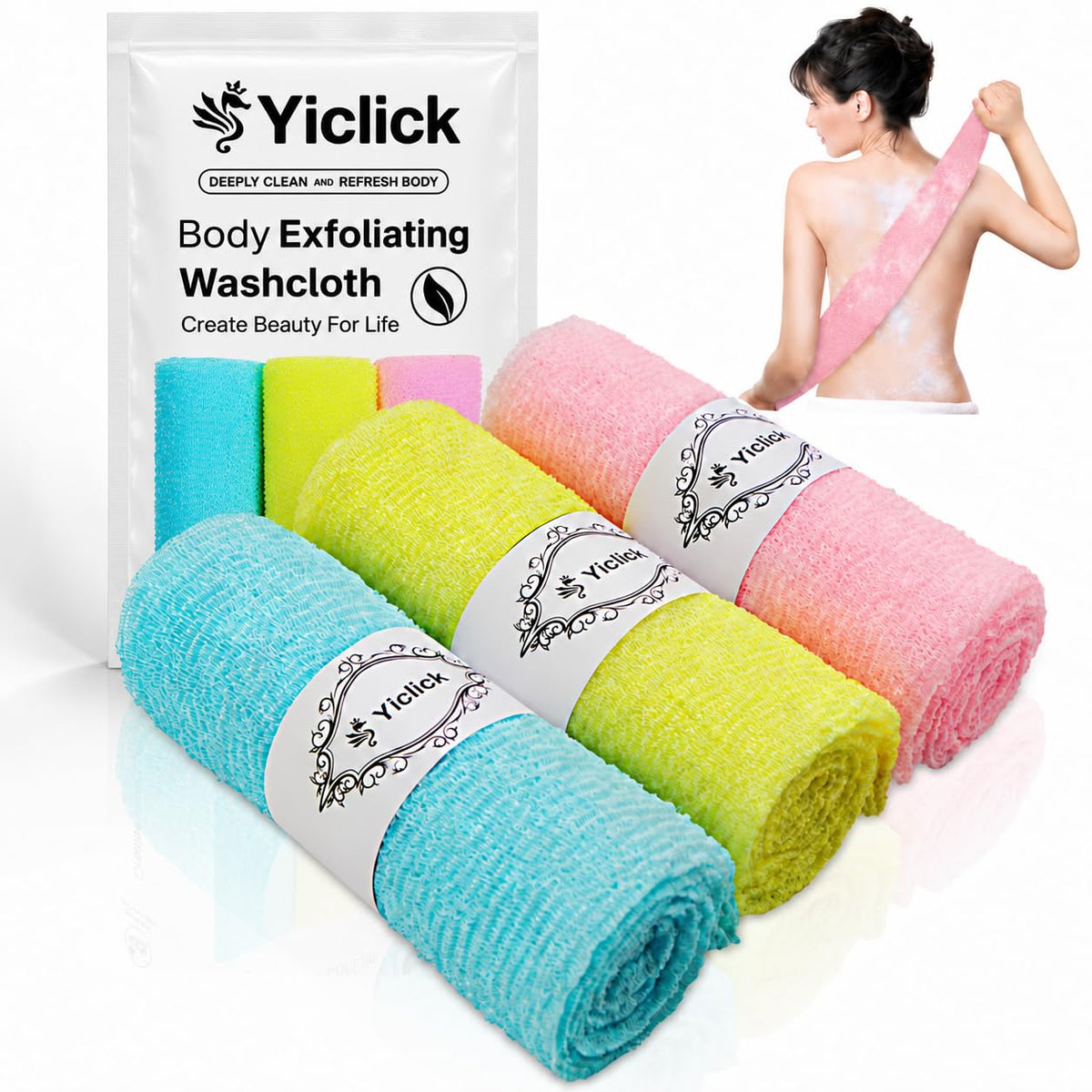 Yiclick Exfoliating Washcloth Towel, Japanese Exfoliating Wash Cloth, Korean Body Scrubber Exfoliator, Back Scrubber Washer for Shower Bath, Body Scrub African Net Sponge Loofah Luffa (Pink)