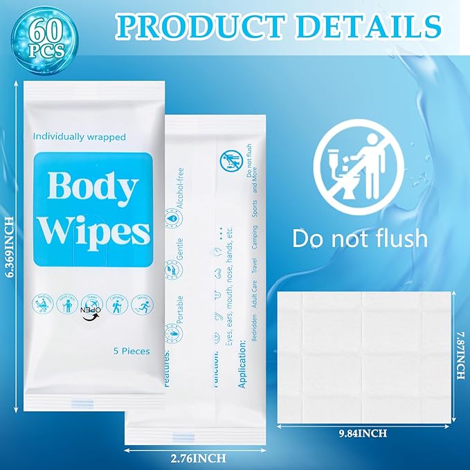 Threlaco 300 Pcs 60 Pack Body Wipes for Adults Bathing No Rinse Individually Wrapped Shower Wipes Washcloth with Aloe Cleansing Body Wash Cloths Disposable Bulk Deodorant Homeless(White Background)