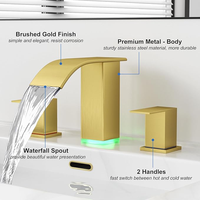 RUMOSE LED Bathroom Faucets Set Brushed Gold 8 inch Bathroom Sink Faucet 3 Hole with Pop Up Drain Widespread Waterfall Vanity Faucet with 3 Colors Light Changing Stainless Steel Deck Mounted