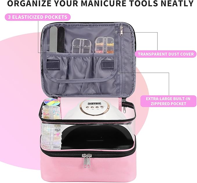 Clear Nail Polish Organizer Double layer Nail Polish Holds 30 Bottles and Nail Lamp, Nail Dryer Case Storage Supplies with Adjustable Dividers, Portable Nail Carrying Bag for Nail Tech (Pink)