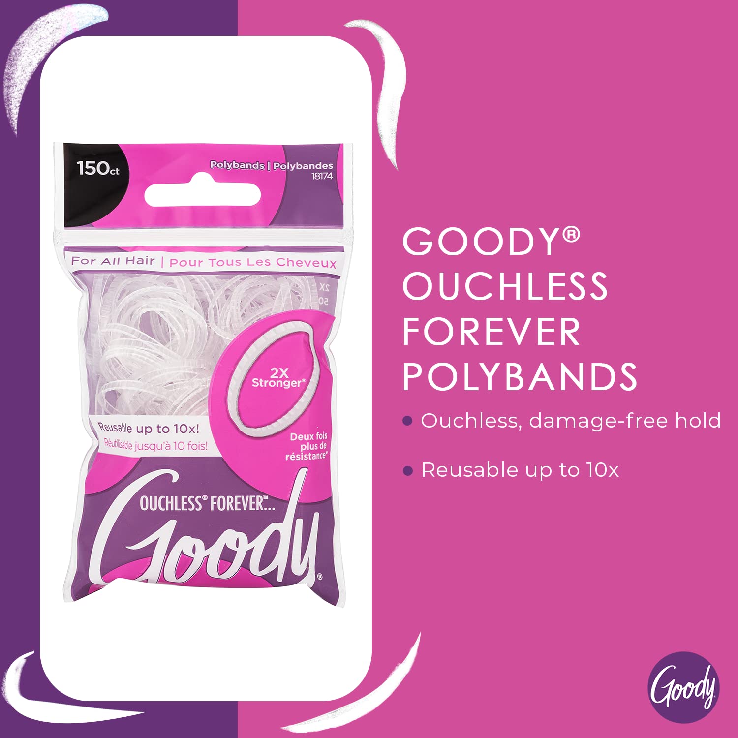 Goody Ouchless Forever Polyband Hair Ties, 150 Ct, Clear, Elastic Bands, Easy Glide, Ultra-Strong Hold Styling Accessories for Women & Men, Secure Hold Ridge Design, All Hair Types