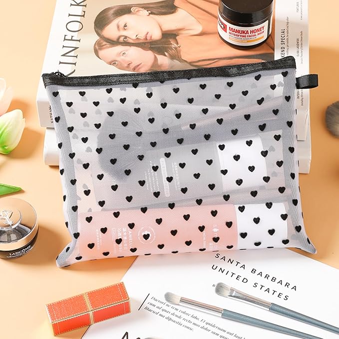 TRAKWAN 4-Piece Heart Printed Mesh Makeup Bag Set, Portable Travel Mesh Cosmetic Bags Toiletry Bags Makeup Purse Bags Mesh Zipper Storage Pouches for Home Offices Travel Accessories (White)