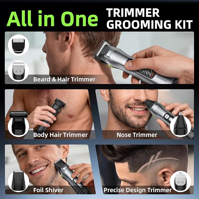 Beard Trimmer for Men, All in One Mens Grooming Kit, Stainless Steel Blade Cordless Hair Clippers, 150-Min Long Runtime, IPX7 Waterproof, 3 Speeds Adjustable Body Hair Trimmer for Nose, Ear, Face