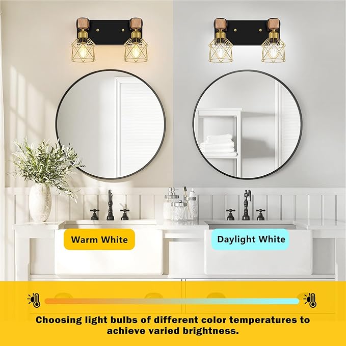 FadimiKoo Rustic Style Wood Bathroom Wall Sconces, 2-Light Black Gold Bathroom Vanity Light Fixtures with Metal Shade, Light Fixtures Wall Mount for Living Room, Hallway, Dressing Table