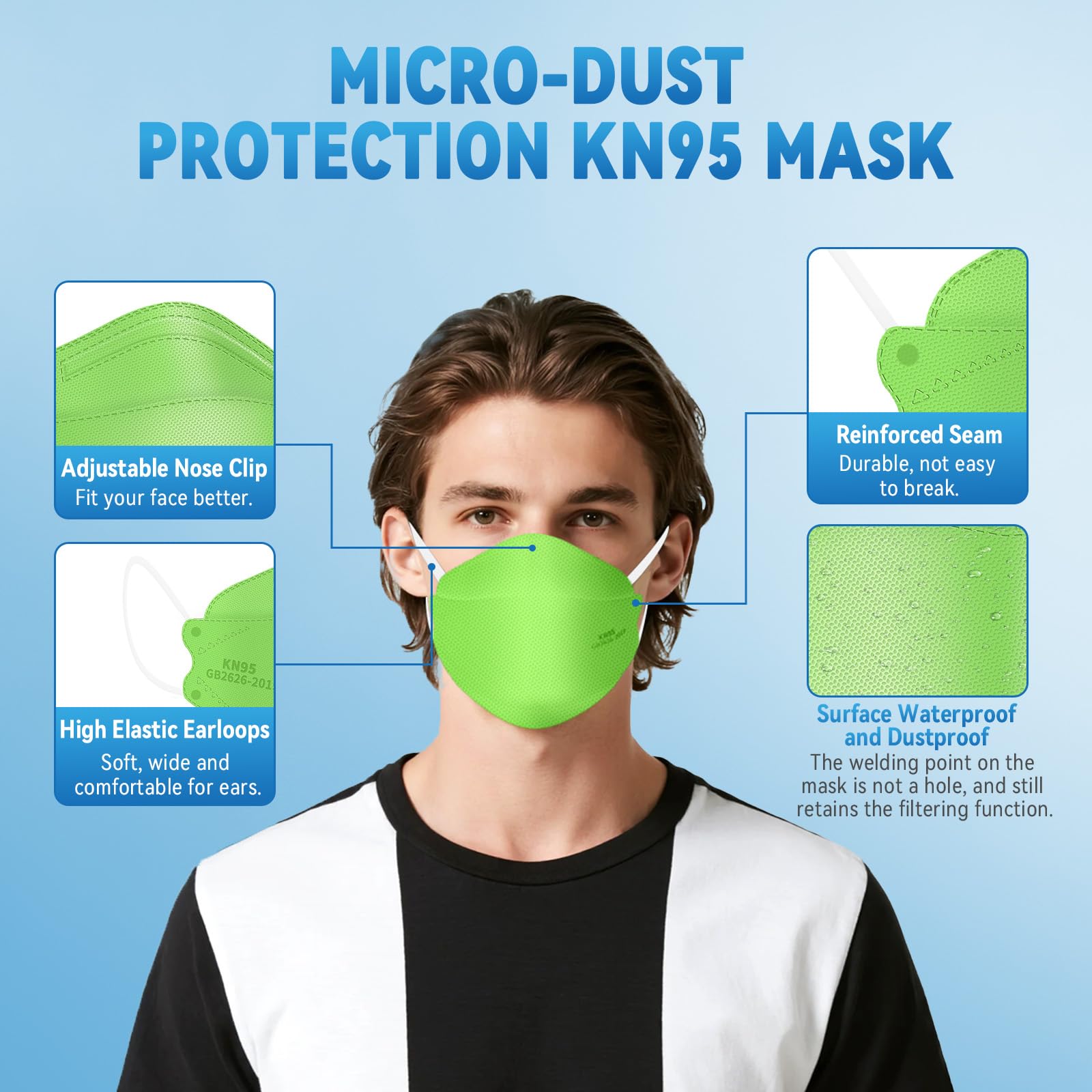 akgk KN95 Face Masks 50 Pack, 5-Ply Disposable Green Face Mask Against PM 2.5 Smoke & Dust, Filtration Efficiency 95%