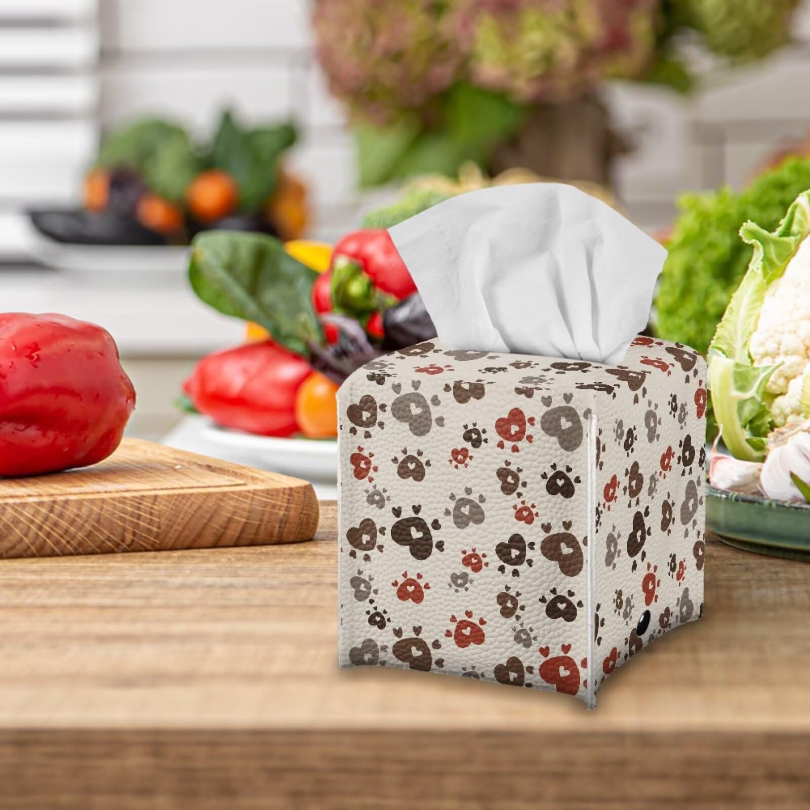 Pzuqiu Brown Dog Paws Tissue Box Cover Holder Stylish PU Leather Square Tissue Box Cover with Metal Button Waterproof Napkin Holder for Home Office Car Bathroom Decor