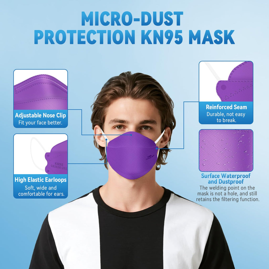 akgk KN95 Face Masks 50 Pack,5-Ply Disposable Purple Face Mask Against PM 2.5 Smoke and Dust