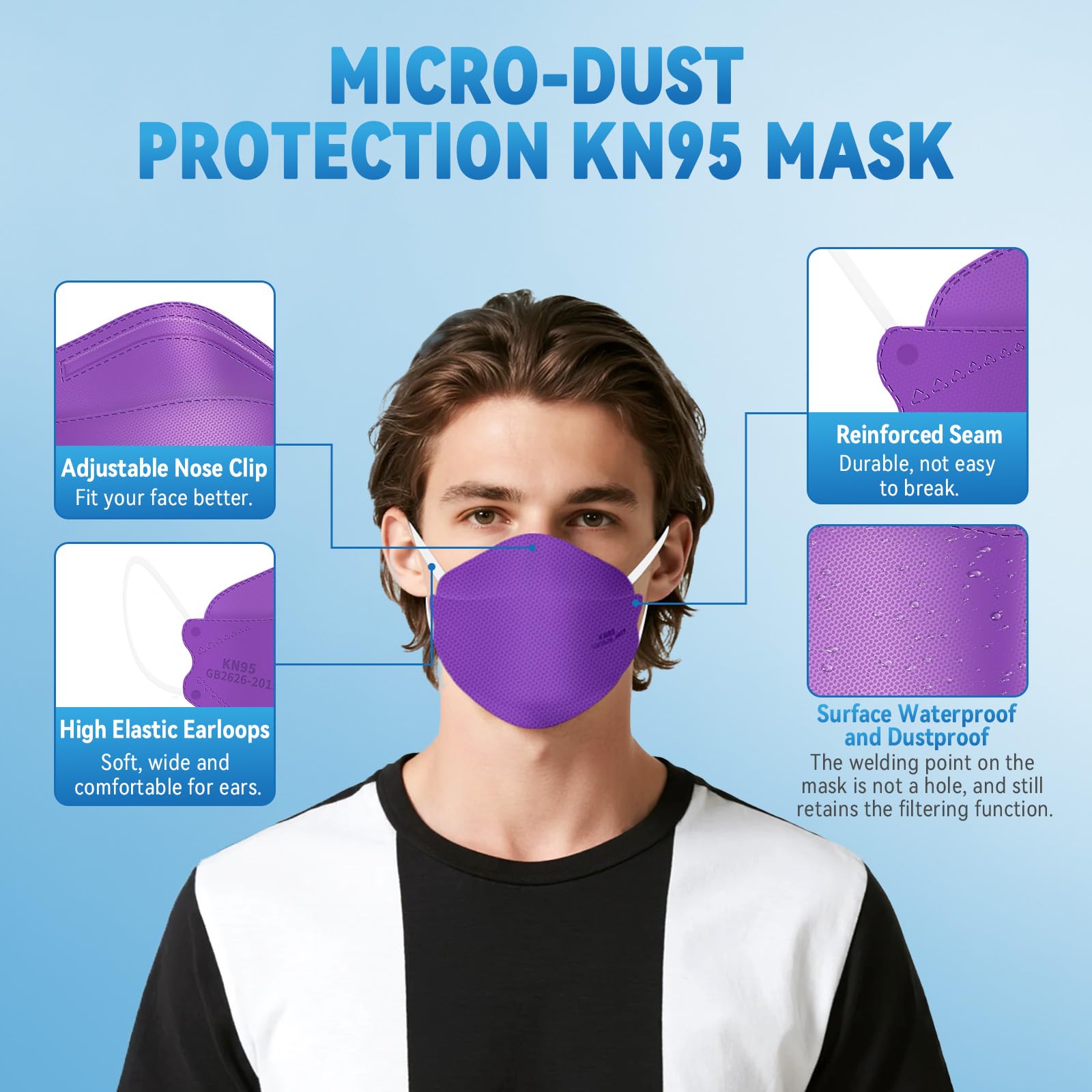 akgk KN95 Face Masks 50 Pack,5-Ply Disposable Purple Face Mask Against PM 2.5 Smoke and Dust