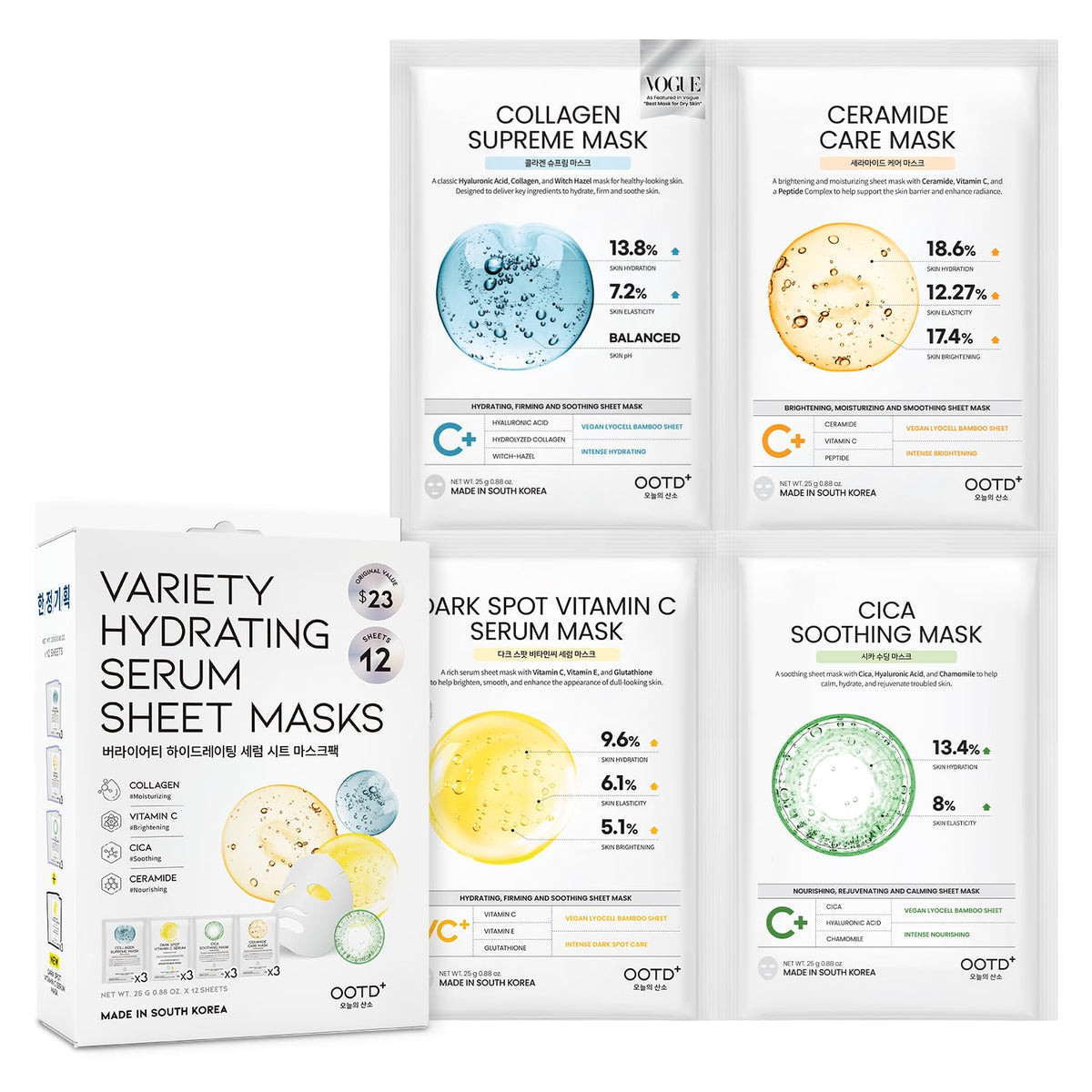 #OOTD Korean Face Sheet Mask Kit, Collagen, Cica, Ceramide, Retinol, 5-Pack
