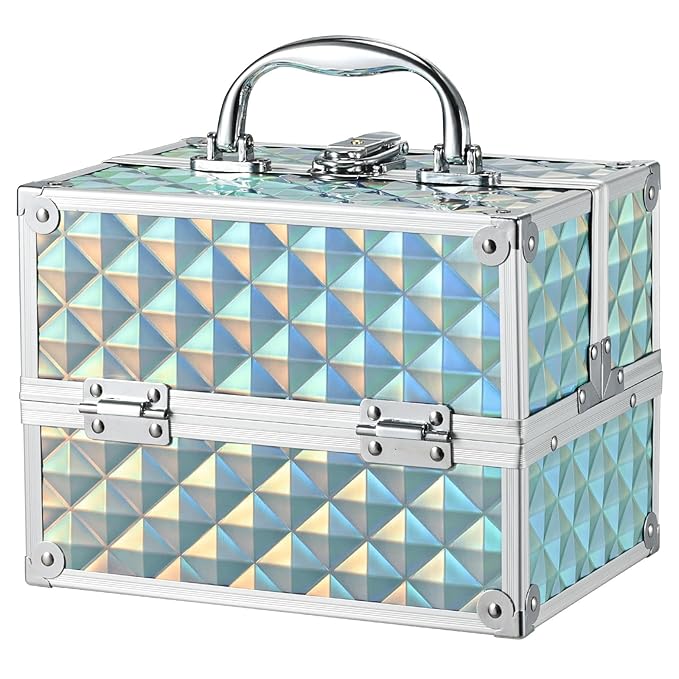 FRENESSA RENESSA Makeup Train Case Portable Makeup Case Organizer Cosmetic Box Make Up Box Makeup Organizer Cosmetic Storage Cases with Locking Nail Kit Organizer Travel Case Shiny Blue