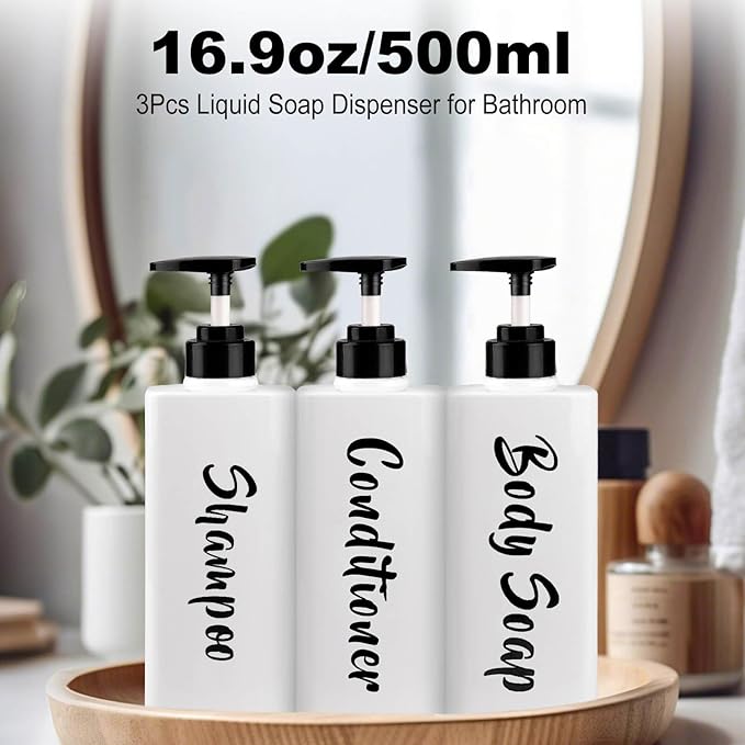 AUMIO 16.9oz Shampoo Conditioner Body Wash Dispenser for Shower, Refillable Printed Soap Bottles with Pump, Empty Plastic Bathroom Dispenser Set for Shampoo, Conditioner & Soap (White, 3 Pack)