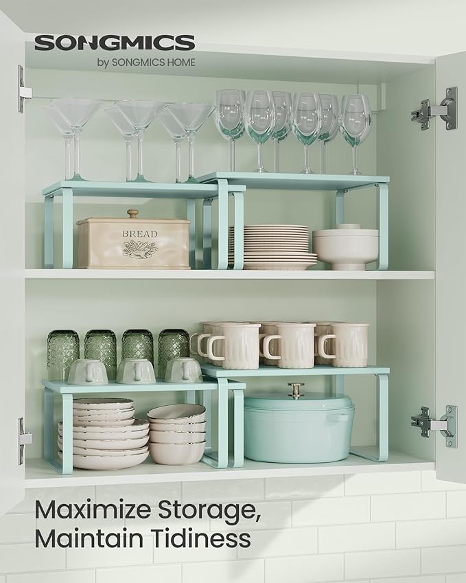 SONGMICS Cabinet Organizer Shelf, Set of 2 Kitchen Counter Shelves, Kitchen Storage, Spice Rack, Stackable, Expandable, Metal and Engineered Wood, 11.7 Inches, Moonlight Green UKCS002C01