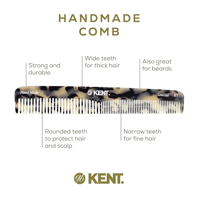 Kent 6T TW Fine Tooth and Wide Tooth Hair Comb, Handmade Styling Comb for Hair Care, Barber Combs, Beard Combs For Men, Styling Grooming for Men, Women and Kids