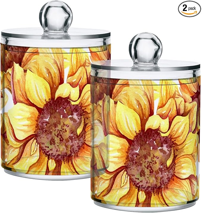 2 Pack Qtip Holder Dispenser for Cotton Ball Sunflowers Floral Cotton Swab Round Pads Clear Plastic Acrylic Jar Set Bathroom Canister
