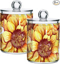 2 Pack Qtip Holder Dispenser for Cotton Ball Sunflowers Floral Cotton Swab Round Pads Clear Plastic Acrylic Jar Set Bathroom Canister