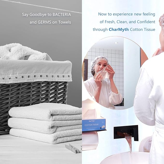 Charmyth Extra Thick Disposable Face Towel, Disposable Makeup Removing Wipes, 100% USA Cotton and 100% Organic & Cruelty Free, Lint-Free Cotton Tissues for Sensitive Skin 100 Count