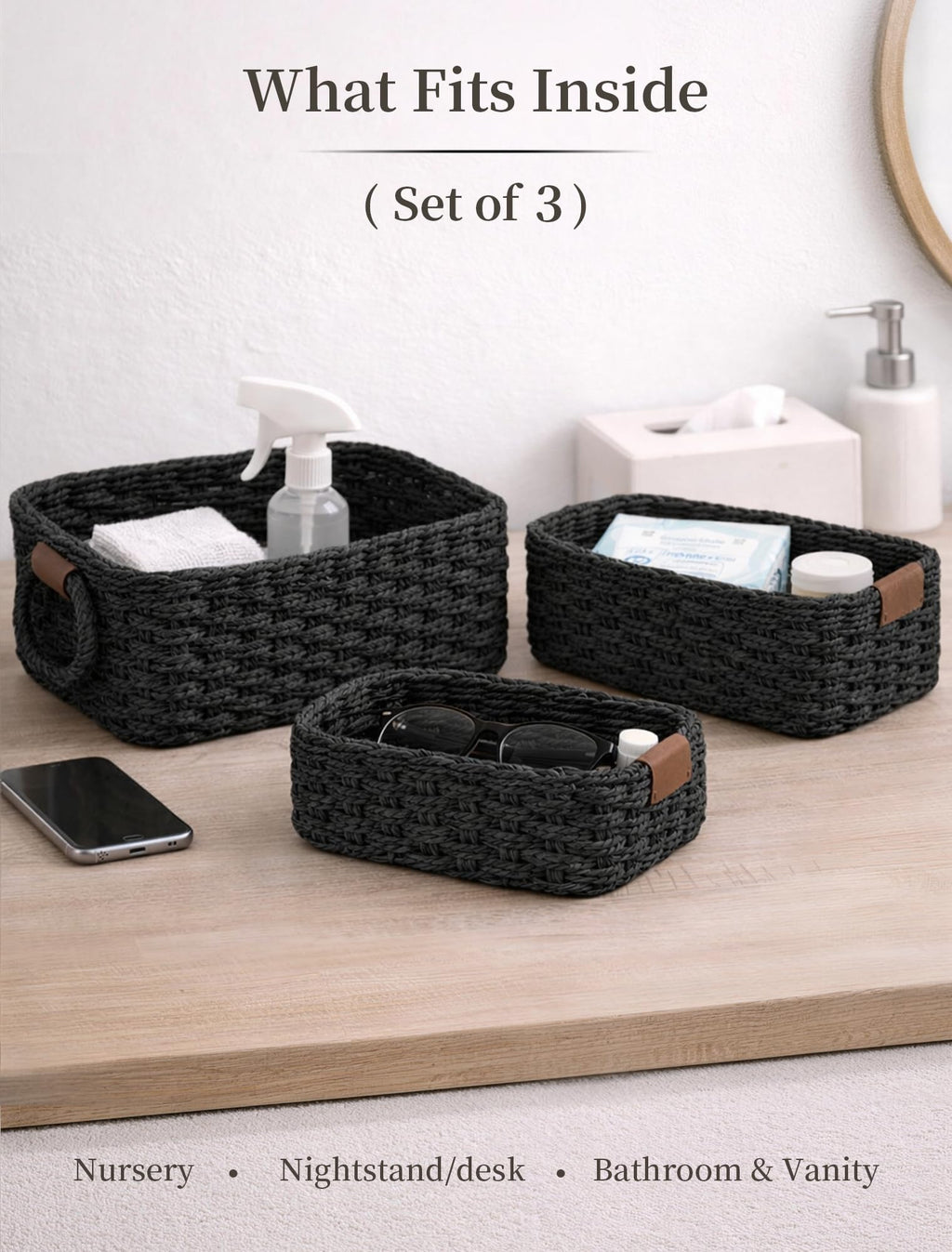 Panovox Small Wicker Baskets, 3 PCS Paper Rope Baskets for Shelves, Black
